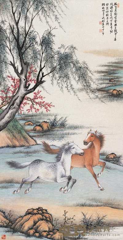 殷梓湘 春郊放马图 立轴 135×69cm